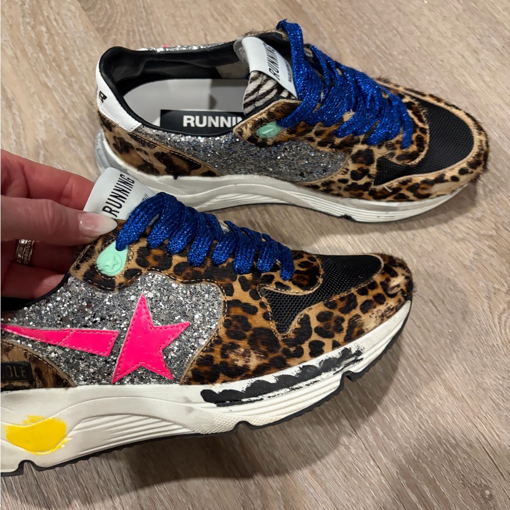 Golden Goose Leopard Print Sneakers with Blue and Pink Accents